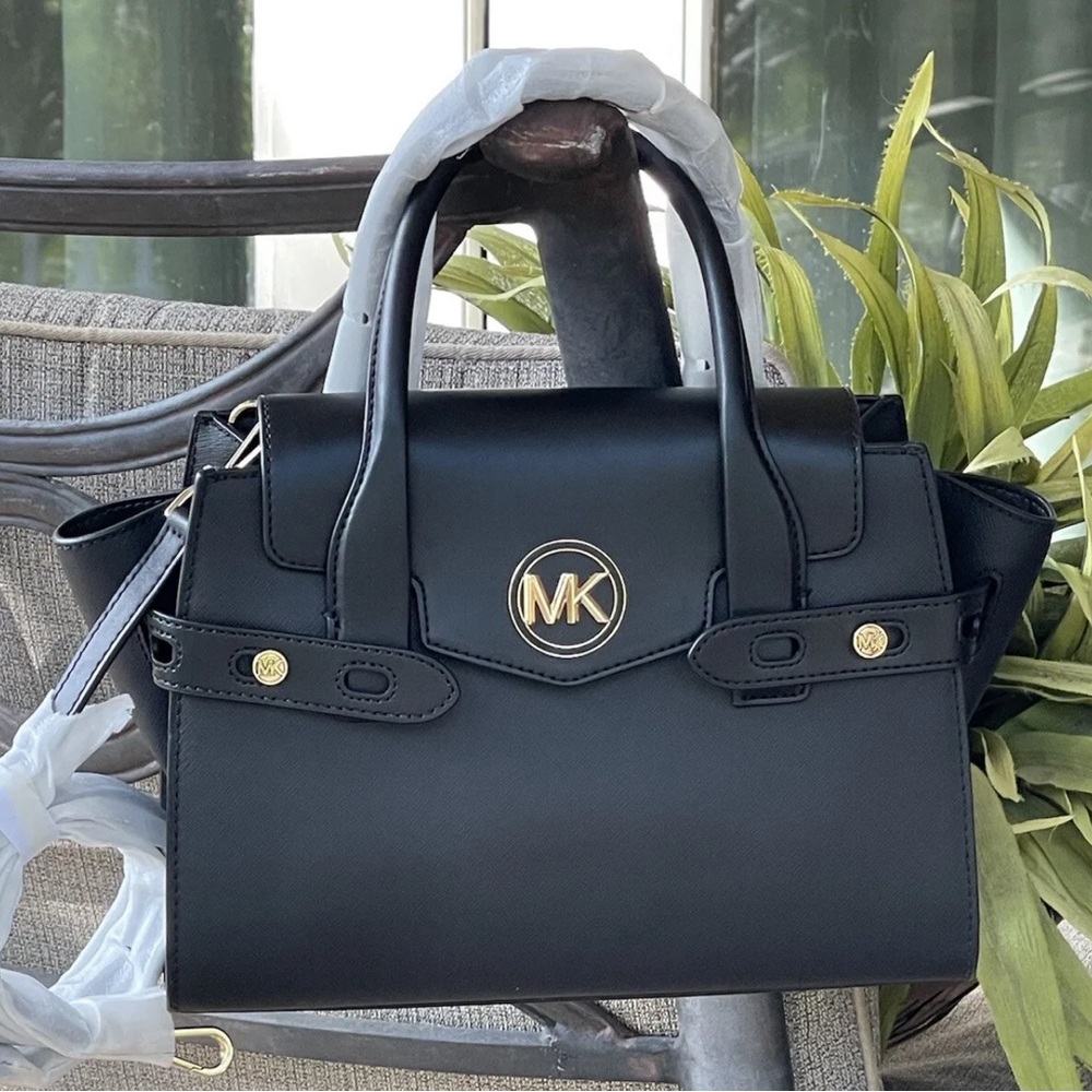 NWT MICHAEL KORS CARMEN MEDIUM FLAP SATCHEL SHOULDER BAG MK BLACK VEGAN LEATHER - Picture 4 of 11